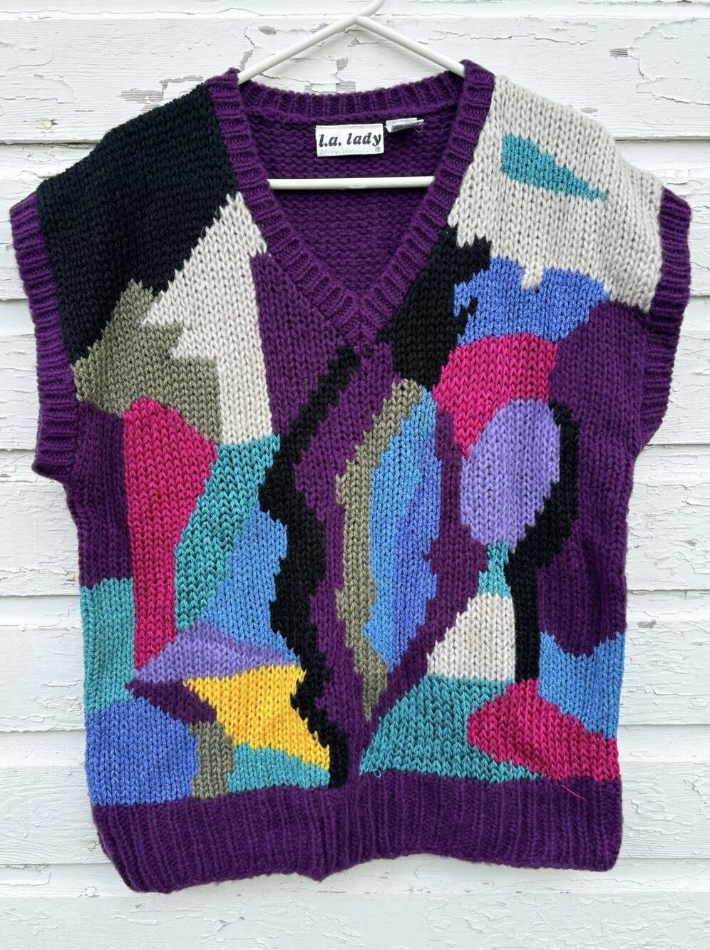 80's Vintage Chunky Knit Sweater Womens XL Bright Bold Pattern Oversized Cosby